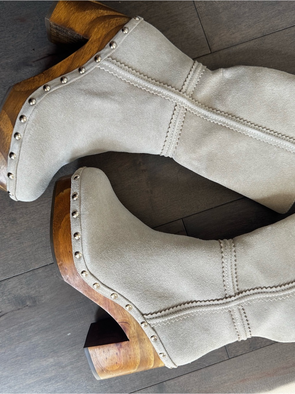 Matisse 8 Suede Studded Wooden Block Heel Mid-Calf Boots